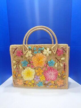 Large Vintage Raffia Wicker Woven Flower Tote Bag Purse